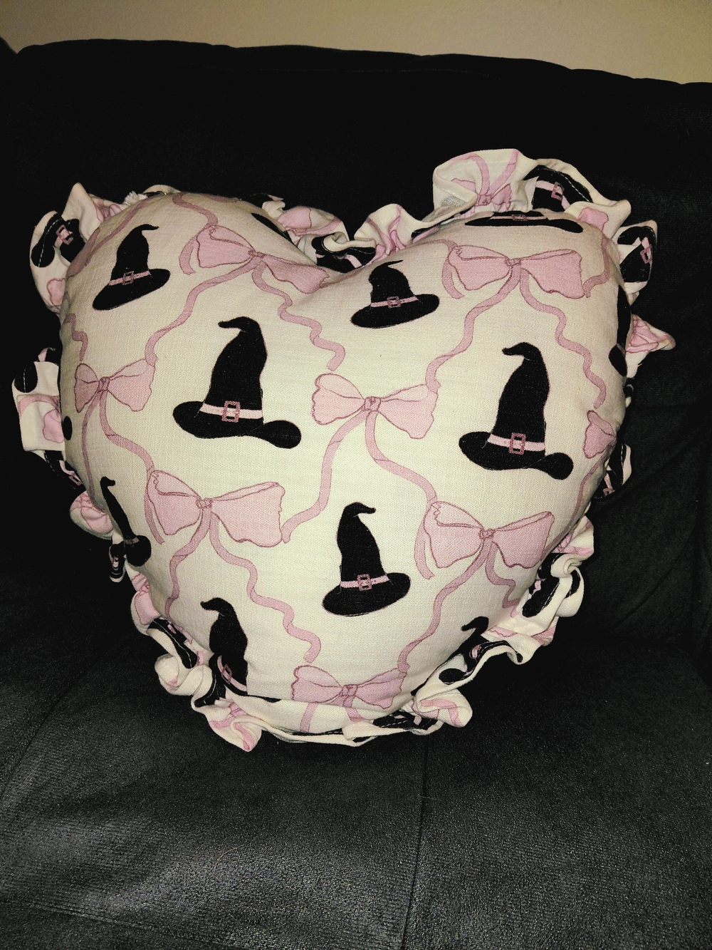 Heart Shaped Witch Hat Print Pillow - Pink & Black